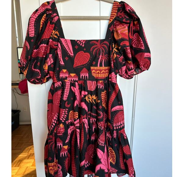Farm Rio Black Tropical Magic Puff Sleeve Mini Dress, Size L, Like New - Picture 1 of 6
